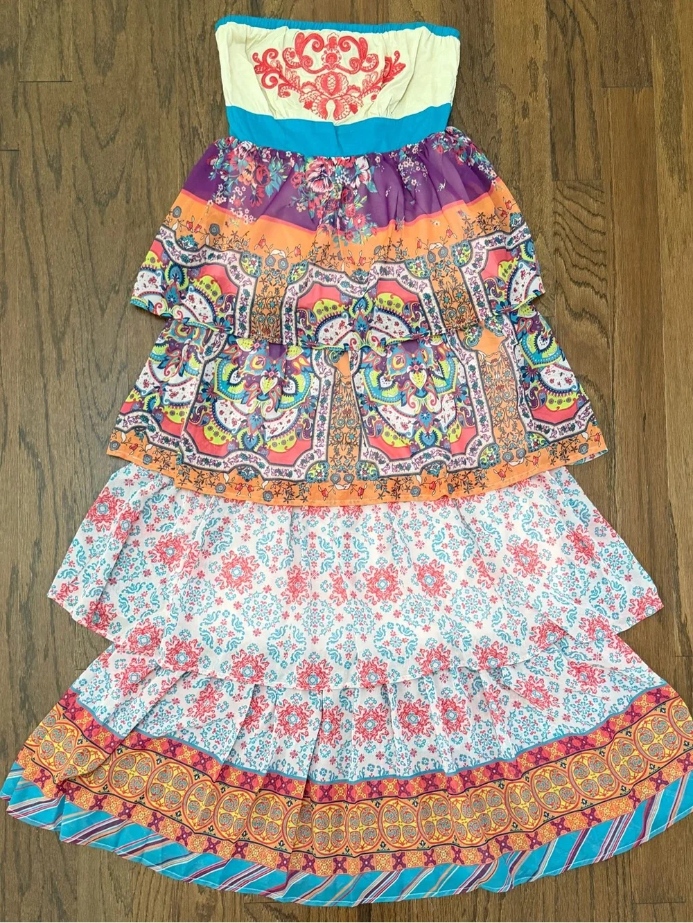 Flying Tomato NWT Boho Strapless Maxi Dress Colorful Tiered Ruffle size Medium